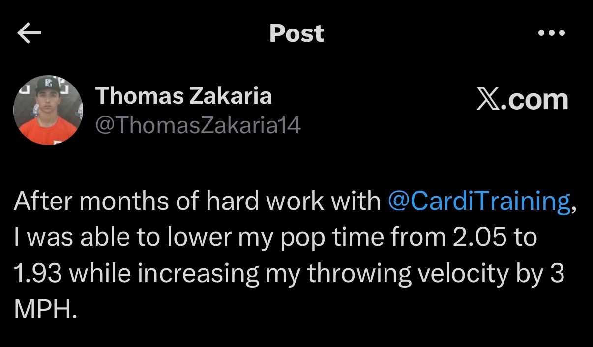 After months of hard work, I lowered my pop time from 2.05 to 1.93 while increasing my throwing velocity by 3 MPH.