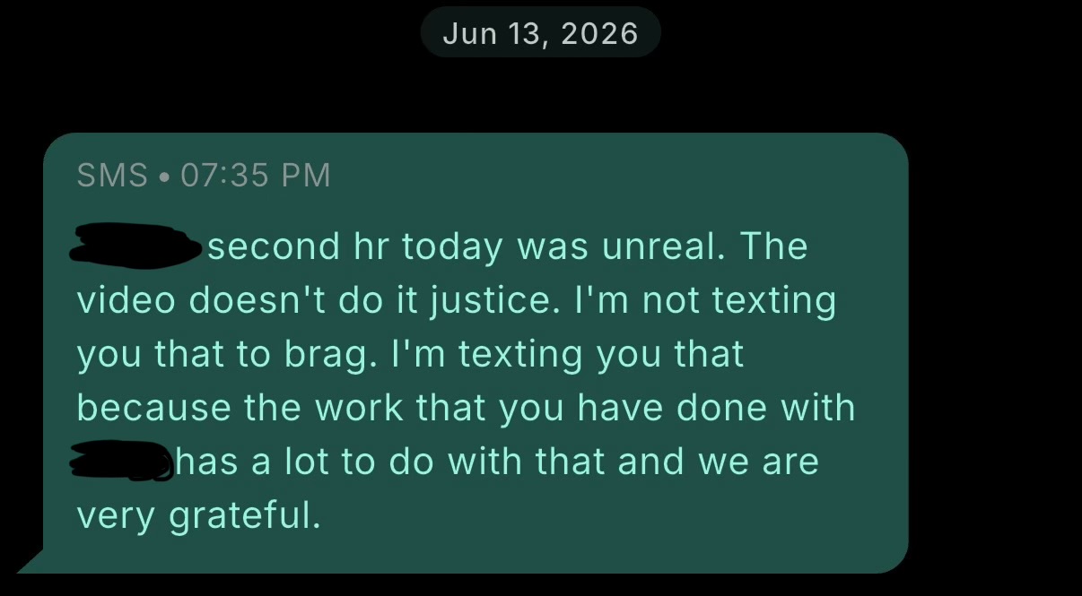 His second home run today was unreal. The video doesn't do it justice. I'm not texting you that to brag. I'm texting you that because the work that you have done with him has a lot to do with that, and we are very grateful.